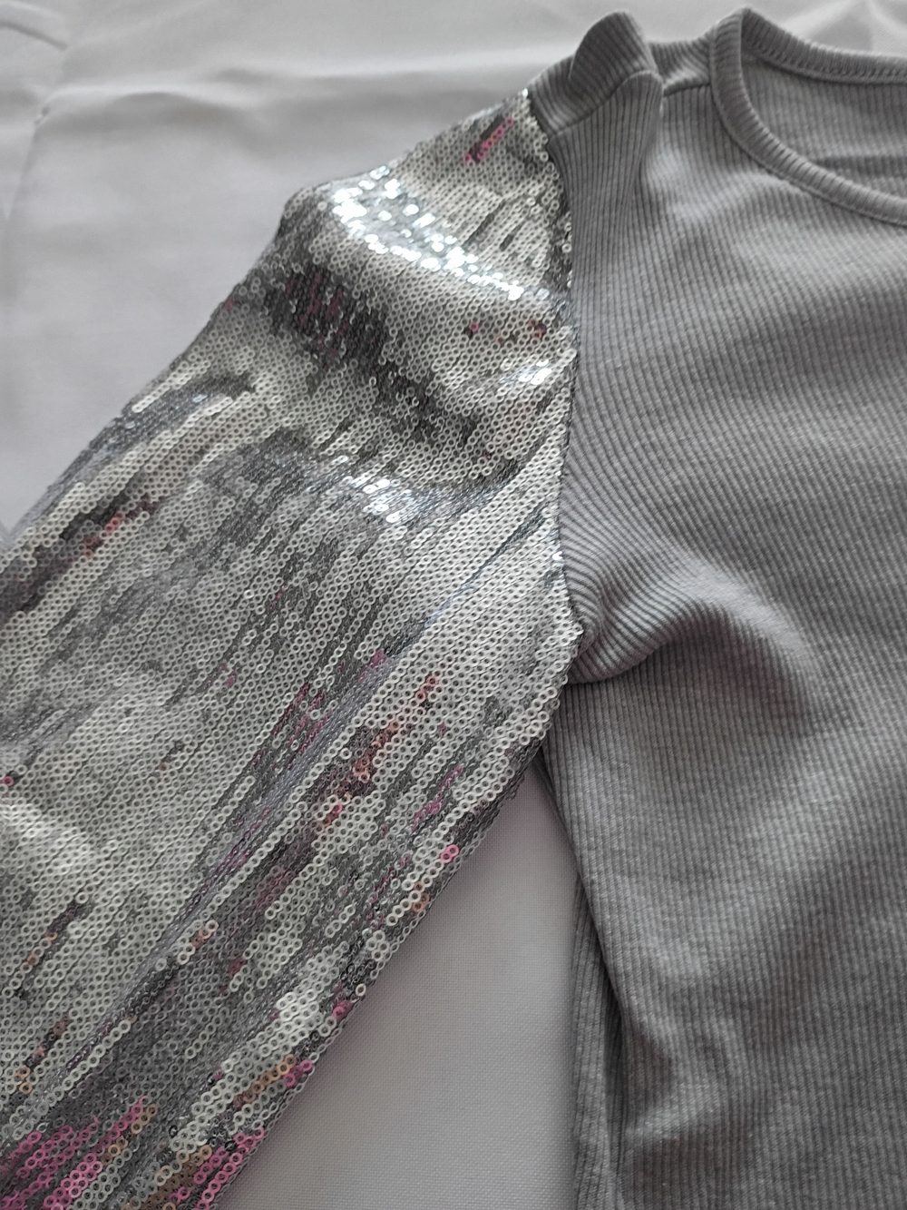 Women's Silver Sequin Sleeve Ribbed Top - Sparkle Detail - Picture 3 of 6